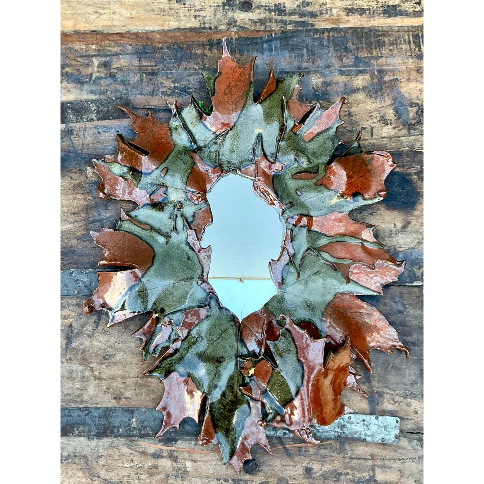 Vintage Boho Original Slab Built Studio Pottery Leaves Mirror - Top view