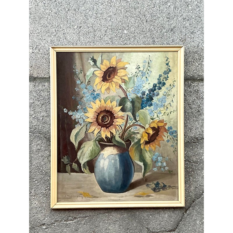 Vintage Boho Original Still Life Oil on Board - Side view
