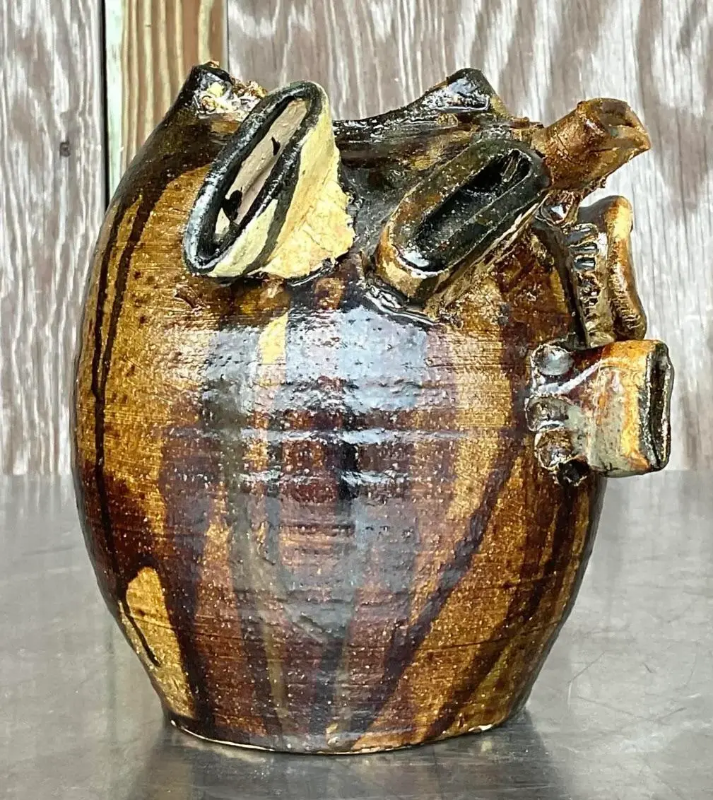 Vintage Boho Original Studio Pottery Drip Glaze Vase - Side view