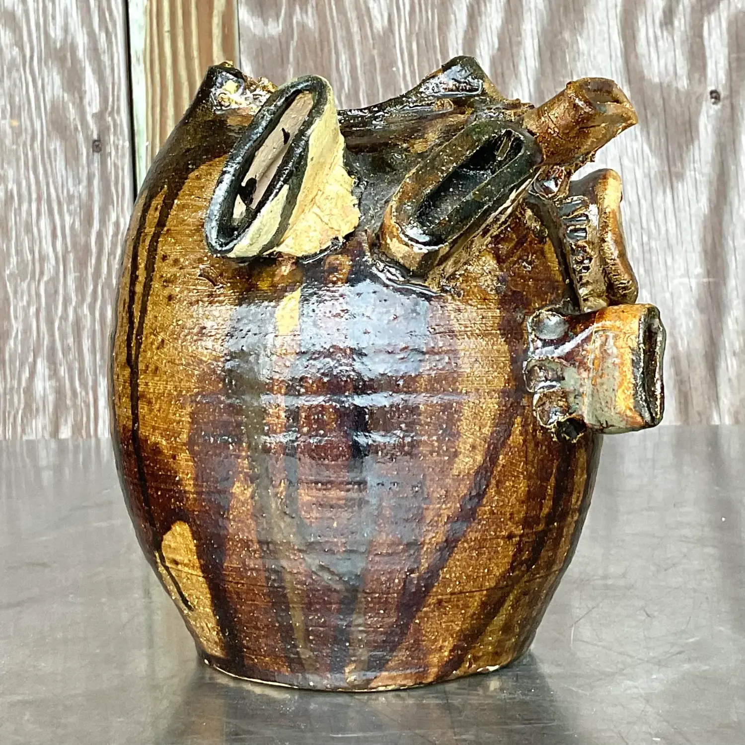 Vintage Boho Original Studio Pottery Drip Glaze Vase - Detail view