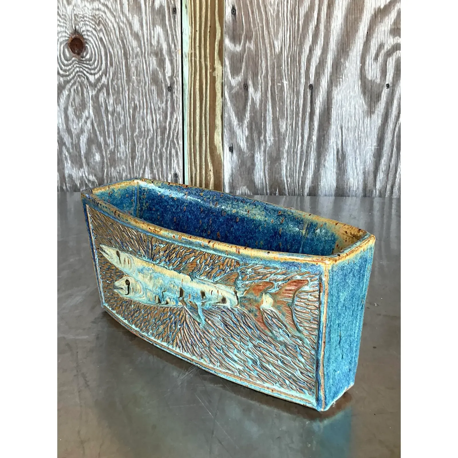 Vintage Boho Original Studio Pottery Fish Vase - Top view