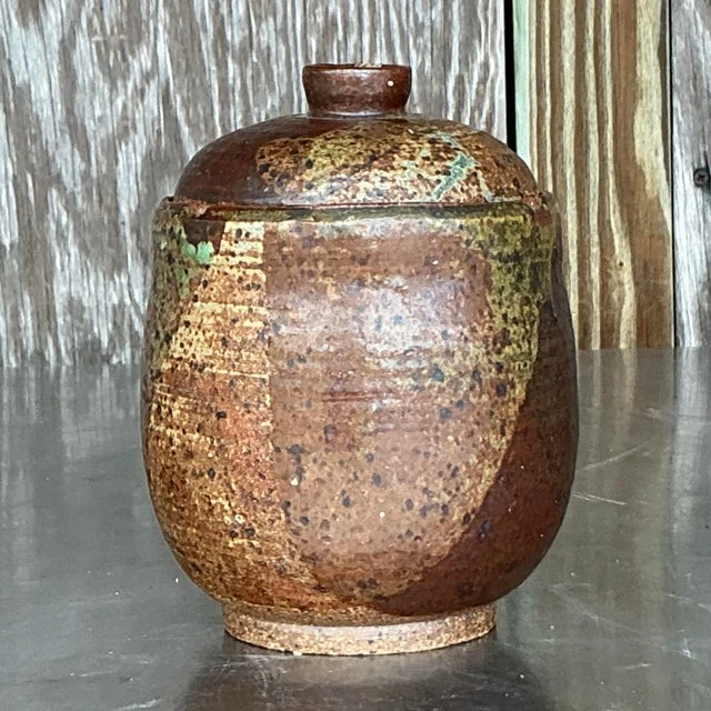 Vintage Boho Original Studio Pottery Lidded Vase - Side view