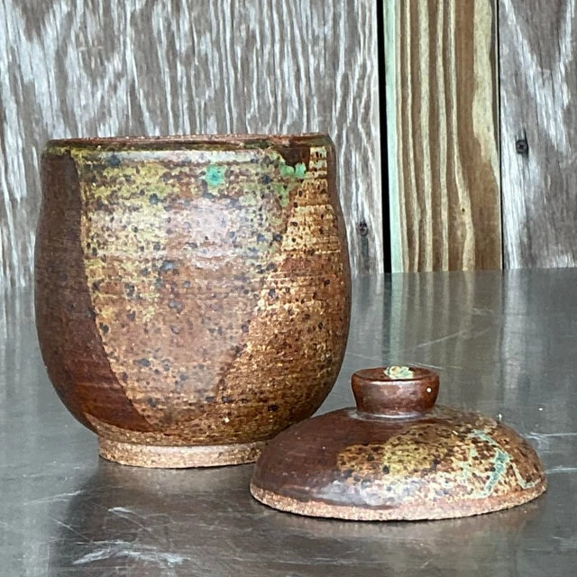 Vintage Boho Original Studio Pottery Lidded Vase - Top view