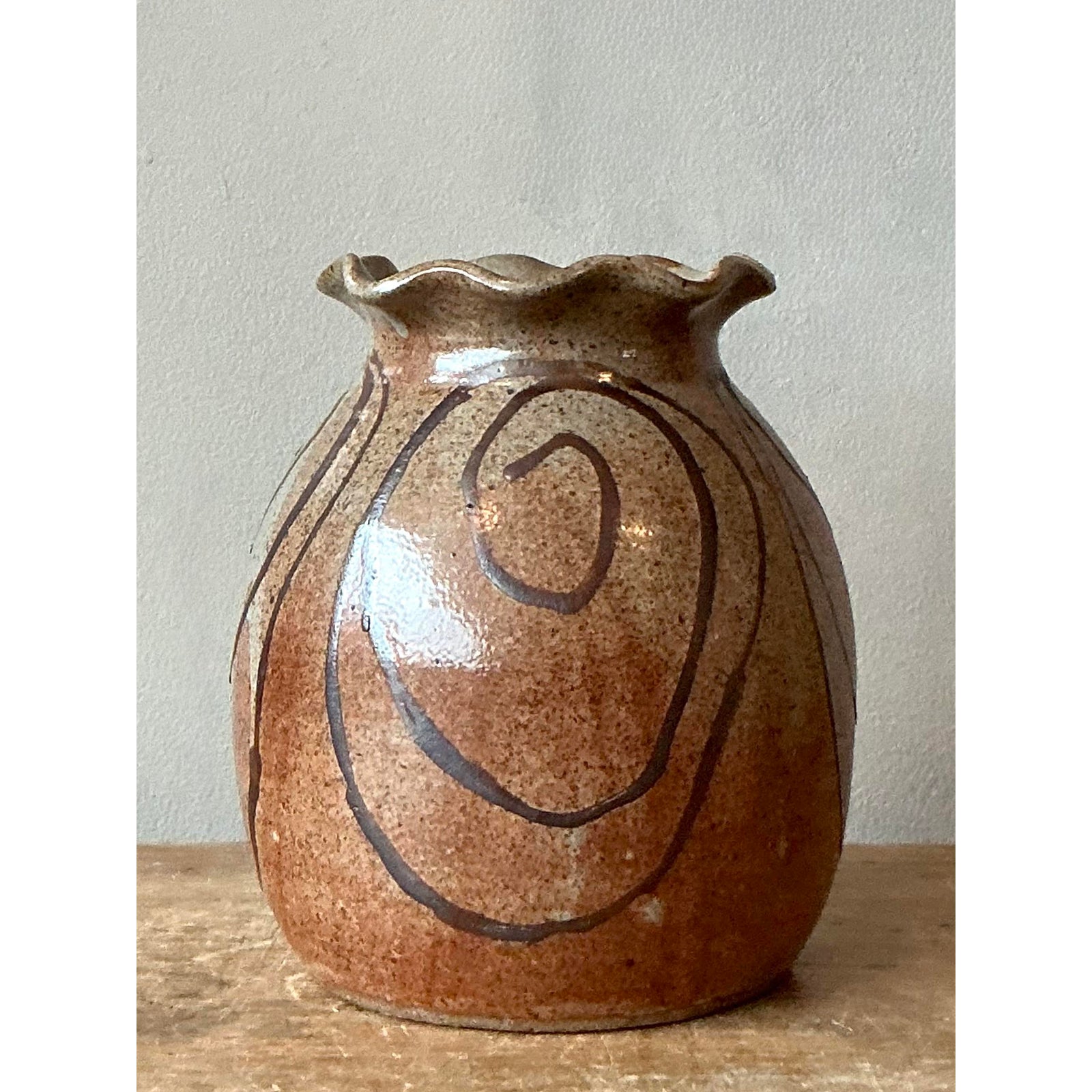 Vintage Boho Original Studio Pottery Ruffle Vase - Top view