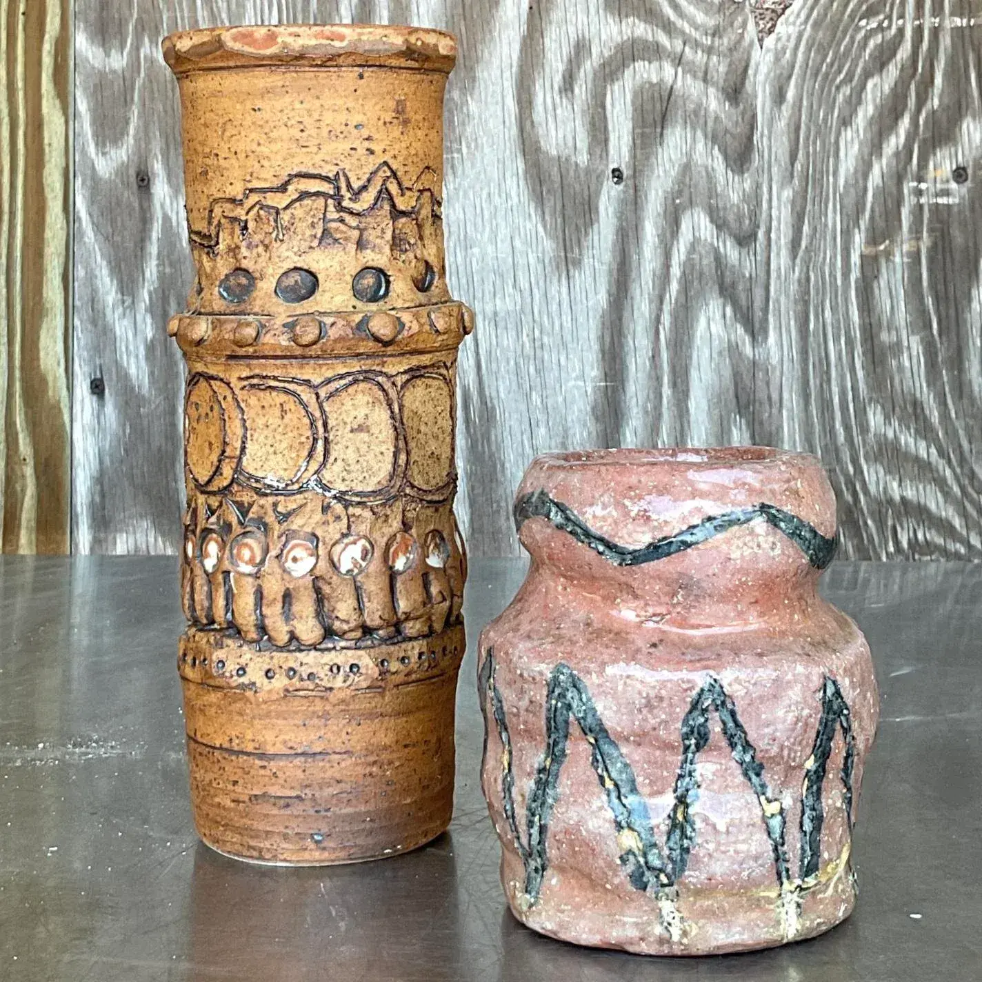 Vintage Boho Original Studio Pottery Vases - Set of 2 - Top view