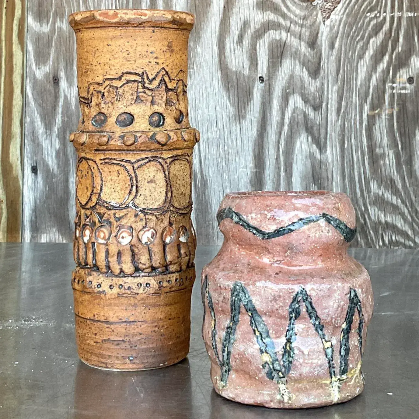 Vintage Boho Original Studio Pottery Vases - Set of 2 - Back view