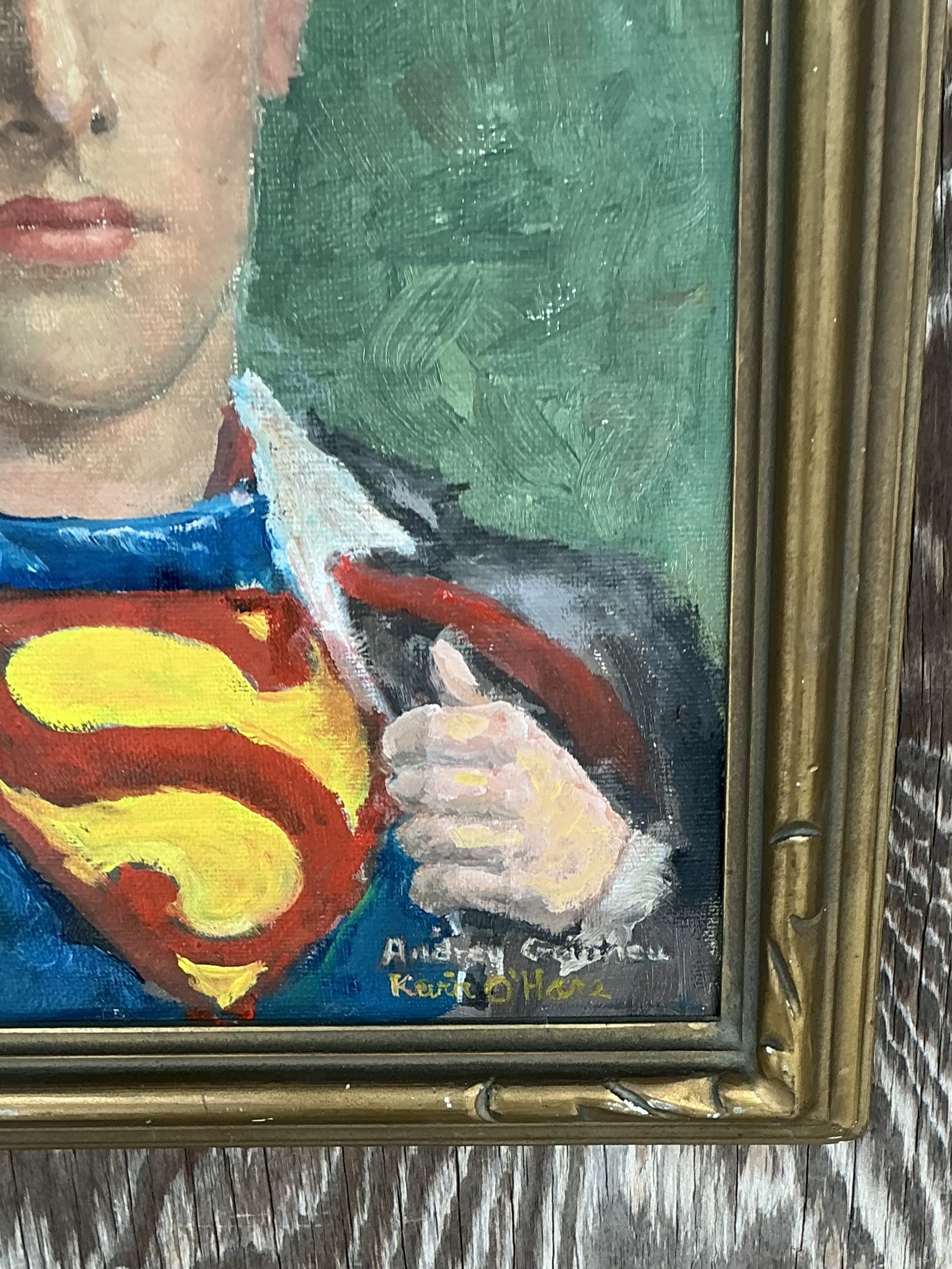 Vintage Boho Original Superman Oil Portrait On Canvas - Top view