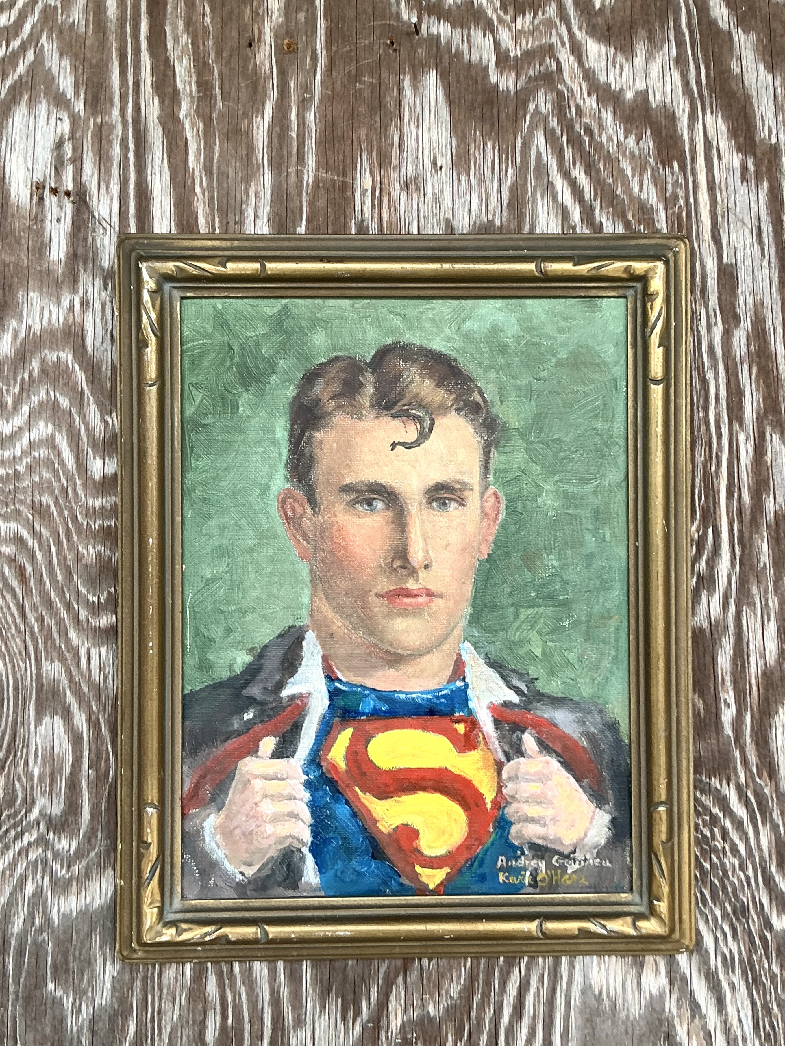 Vintage Boho Original Superman Oil Portrait On Canvas - Back view
