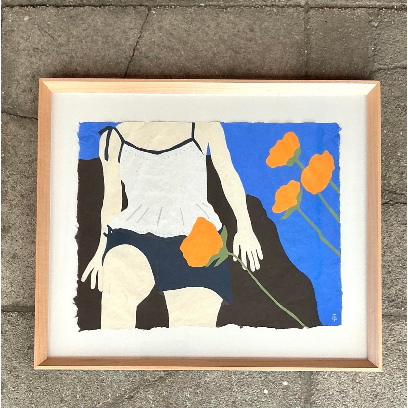 Vintage Boho Original Theresa Drapkin Pastel on Paper Figurative Drawing - Side view
