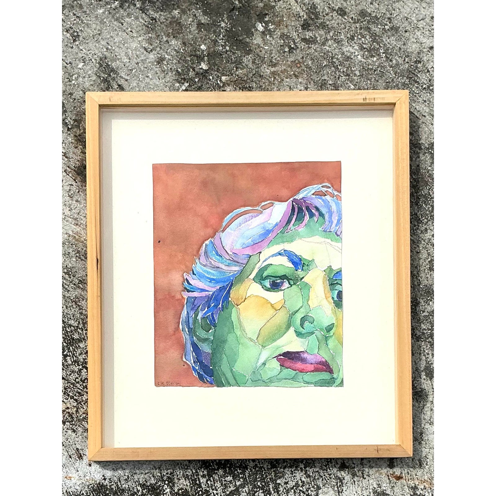 Vintage Boho Original Watercolor Portrait on Paper - Detail view