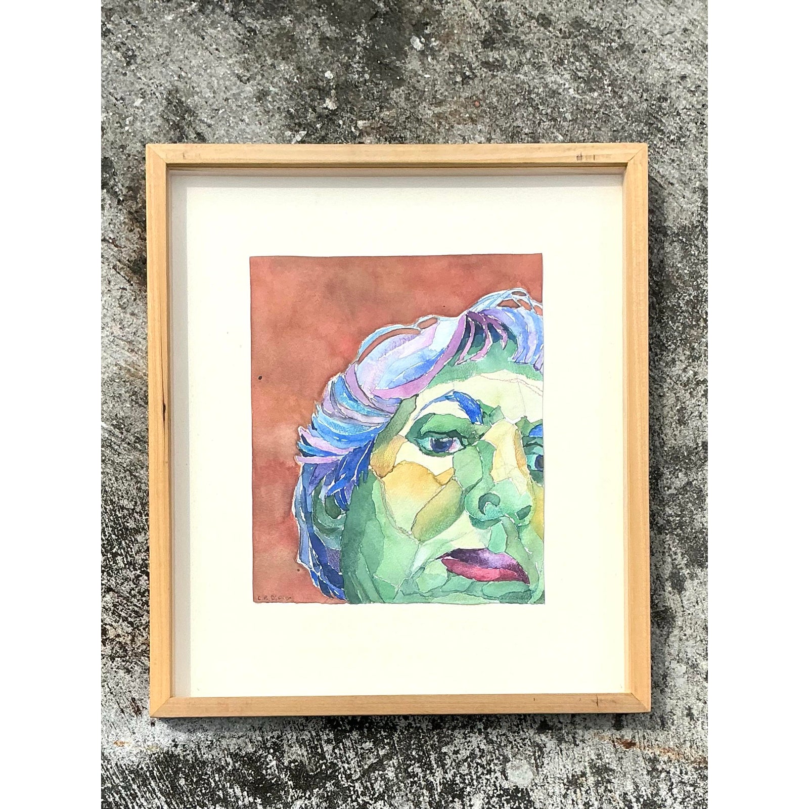 Vintage Boho Original Watercolor Portrait on Paper - Back view