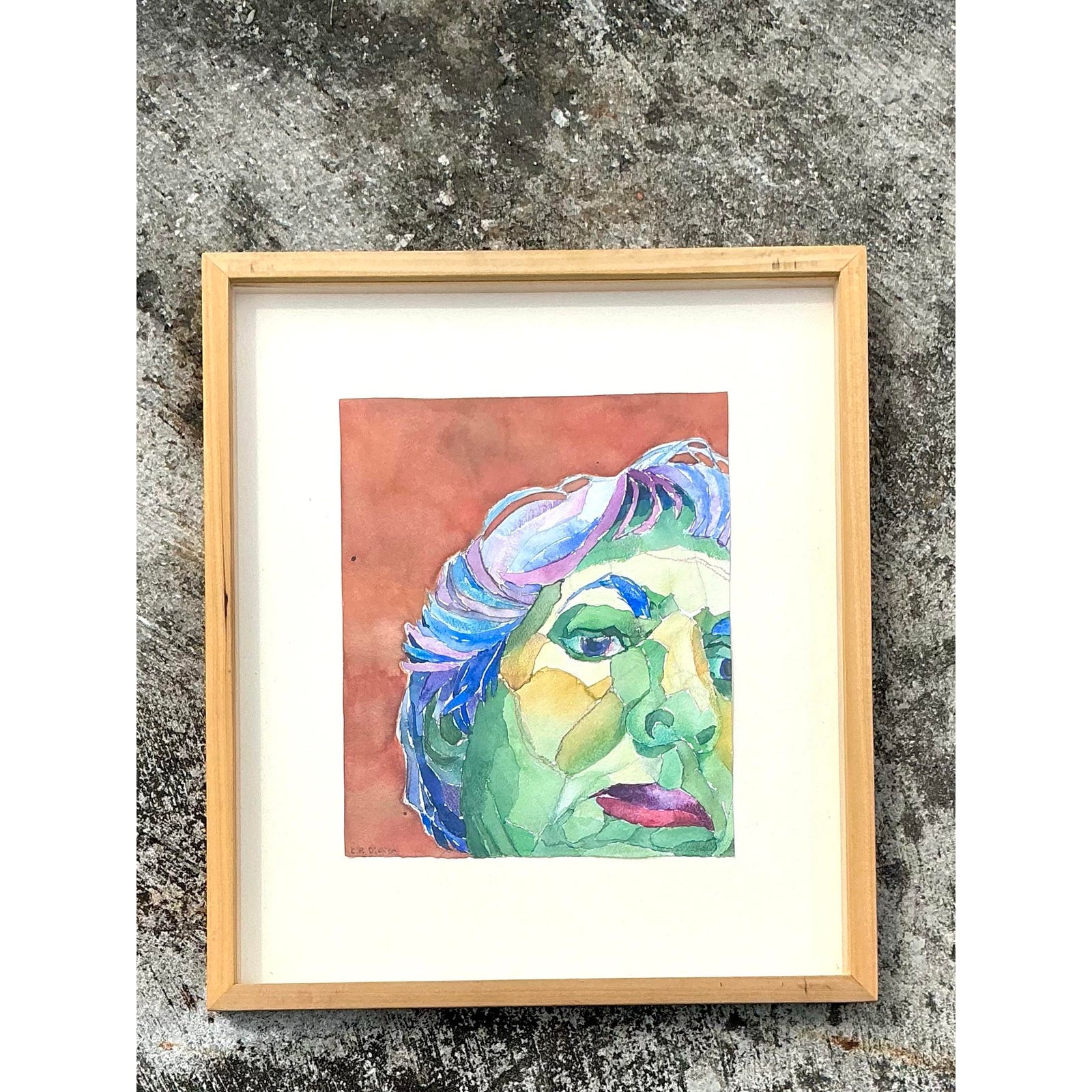 Vintage Boho Original Watercolor Portrait on Paper - Side view