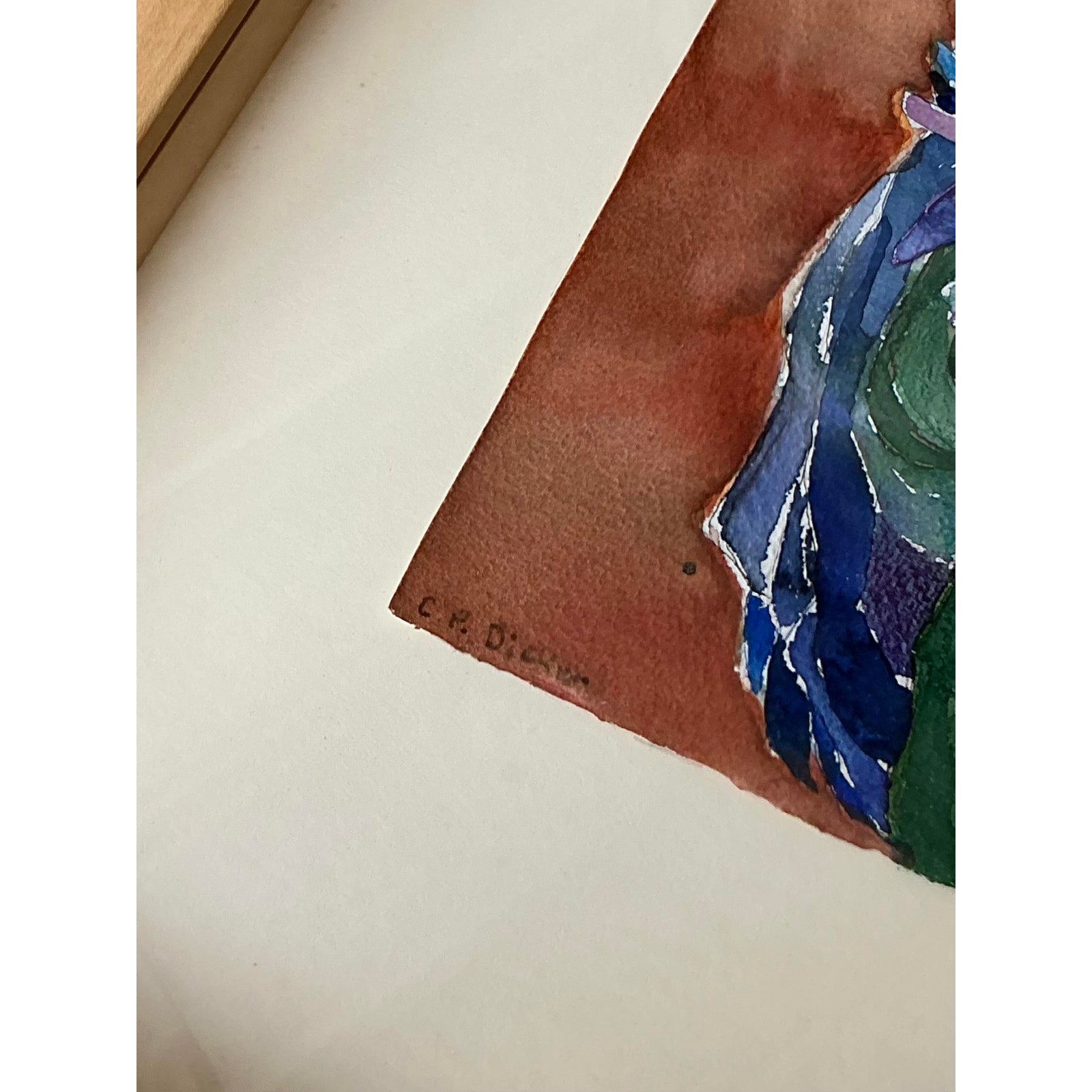 Vintage Boho Original Watercolor Portrait on Paper - Top view