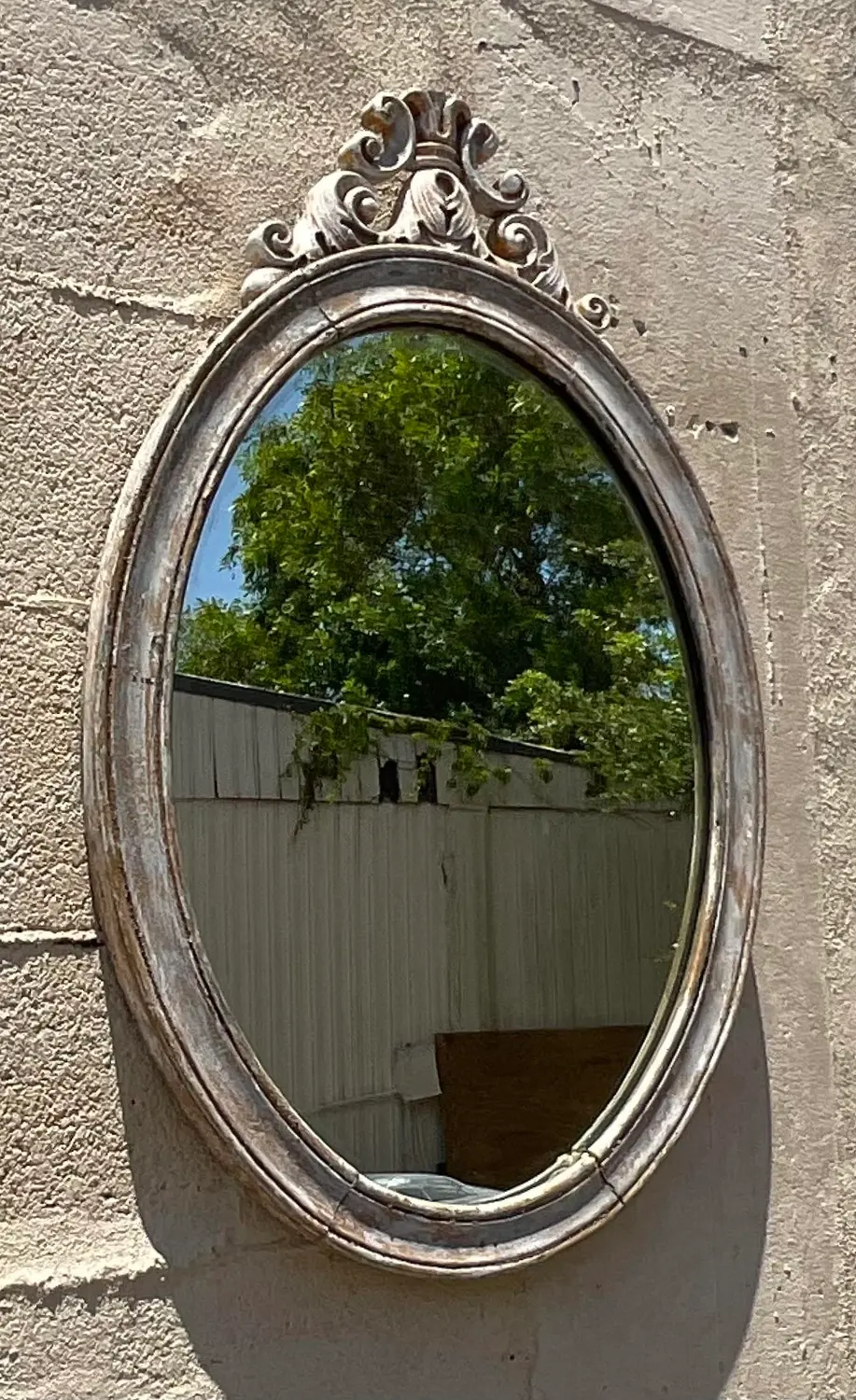 Vintage Boho Oval Carved Wood Mirror - Top view