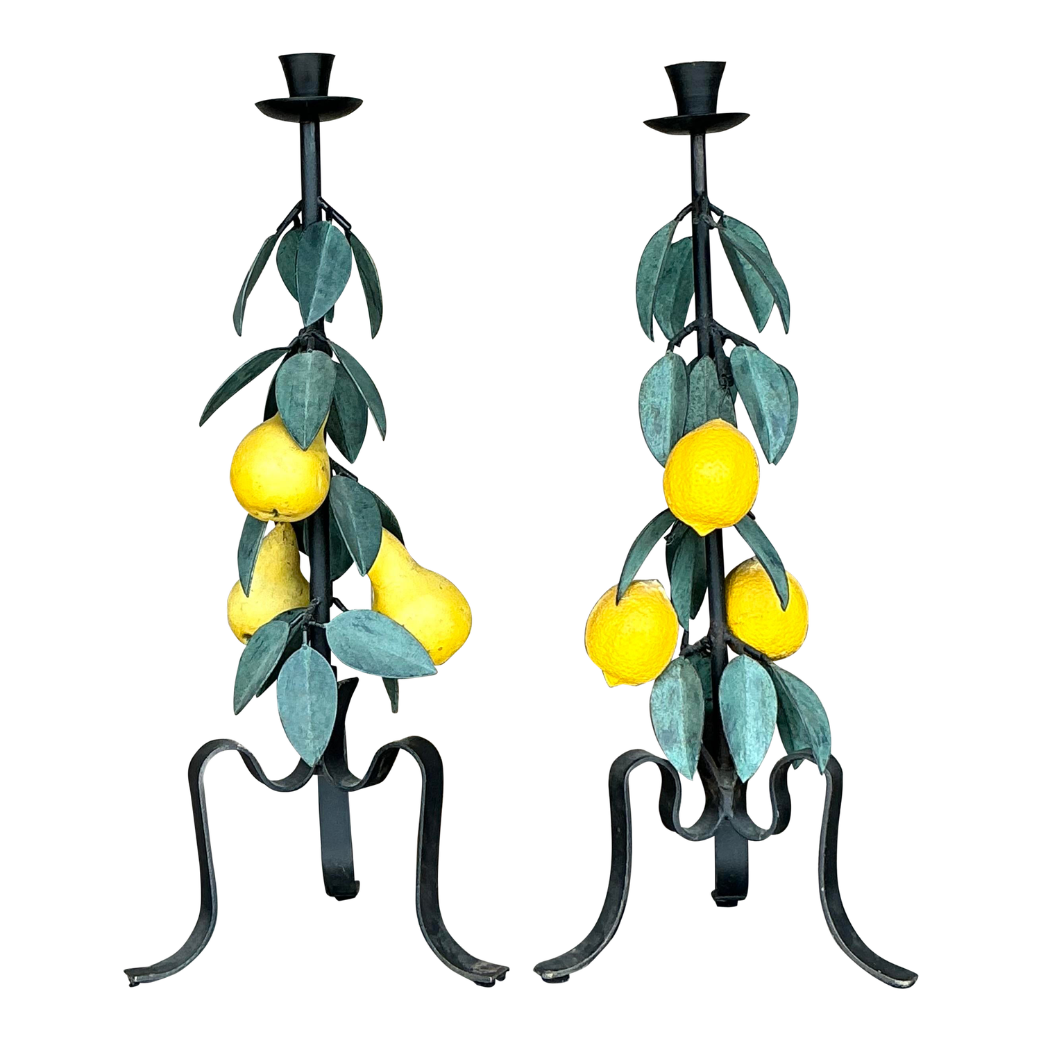 Vintage Boho Painted Metal Lemons and Pears Candlesticks - Set of 2 - Detail view