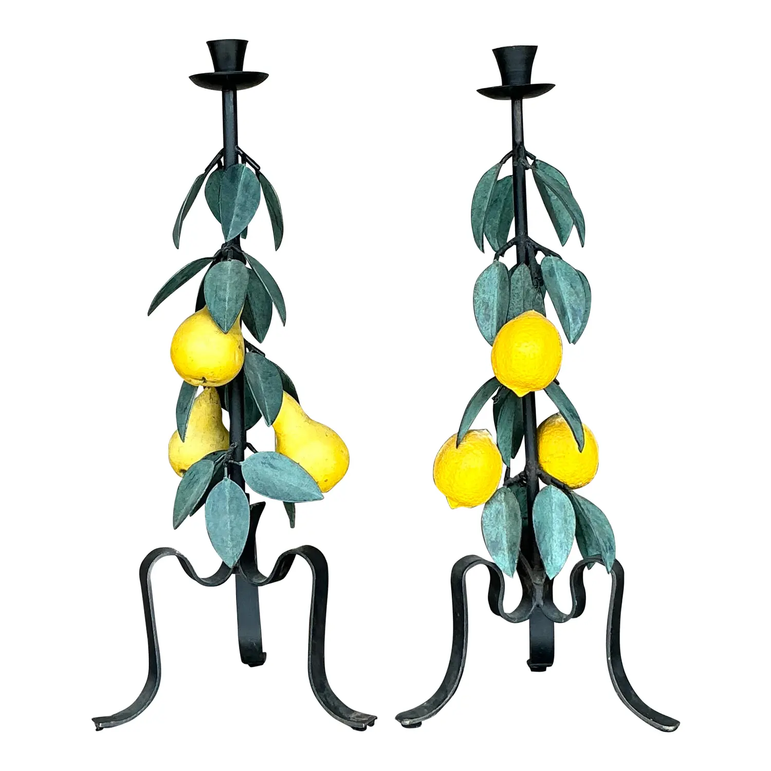 Vintage Boho Painted Metal Lemons and Pears Candlesticks - Set of 2