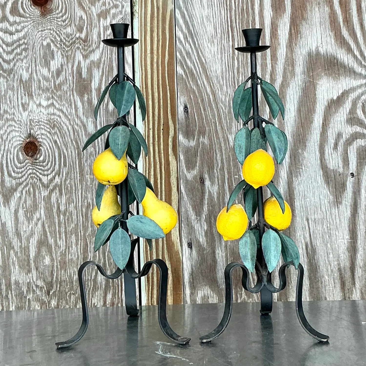 Vintage Boho Painted Metal Lemons and Pears Candlesticks - Set of 2 - Side view