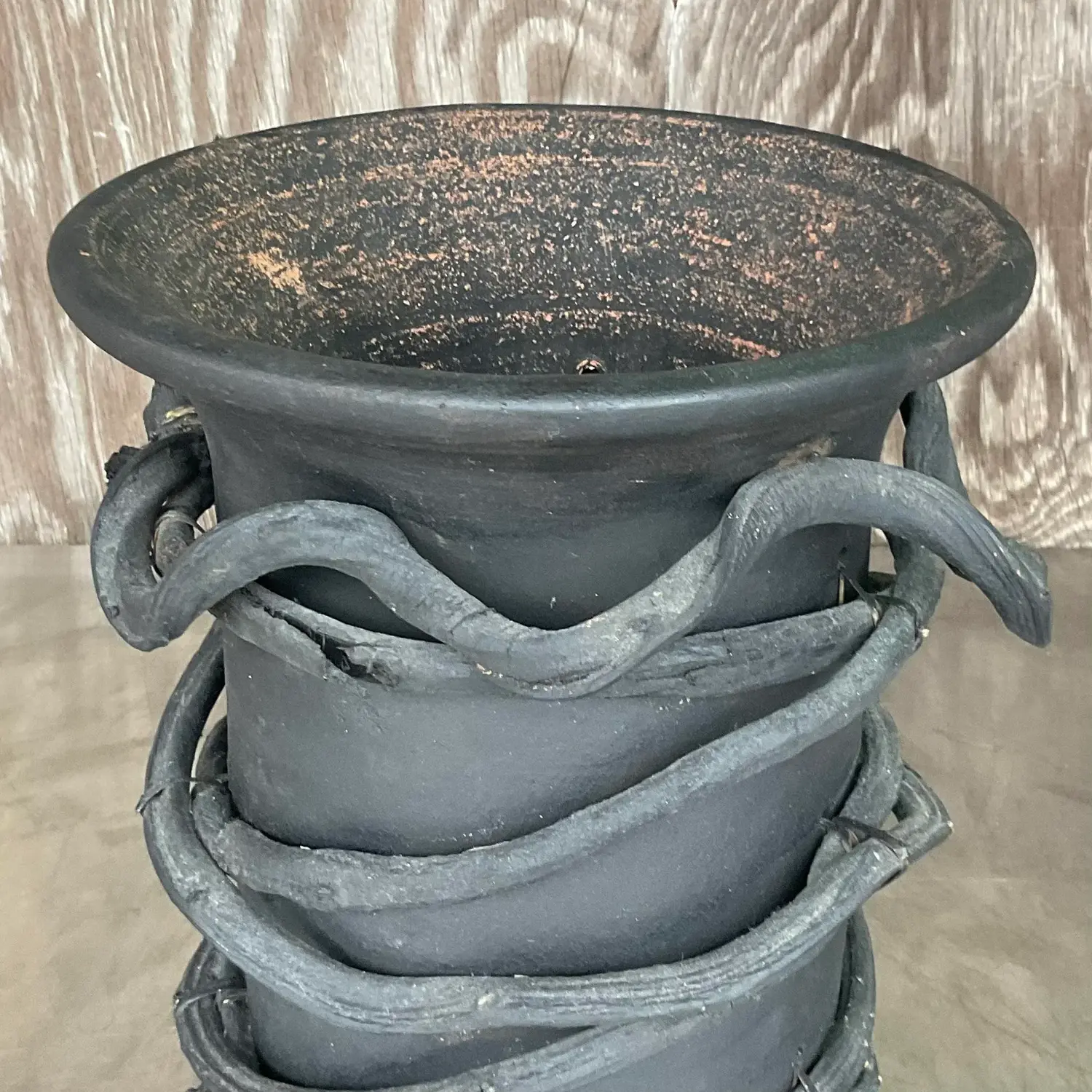 Vintage Boho Painted Studio Pottery Vase With Wrapped Vine - Side view