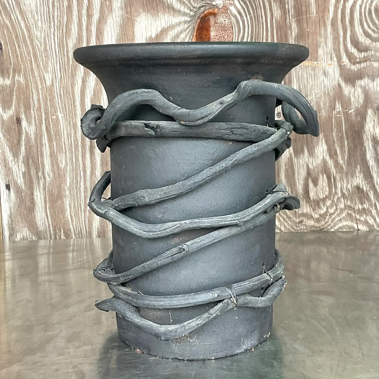 Vintage Boho Painted Studio Pottery Vase With Wrapped Vine - Detail view