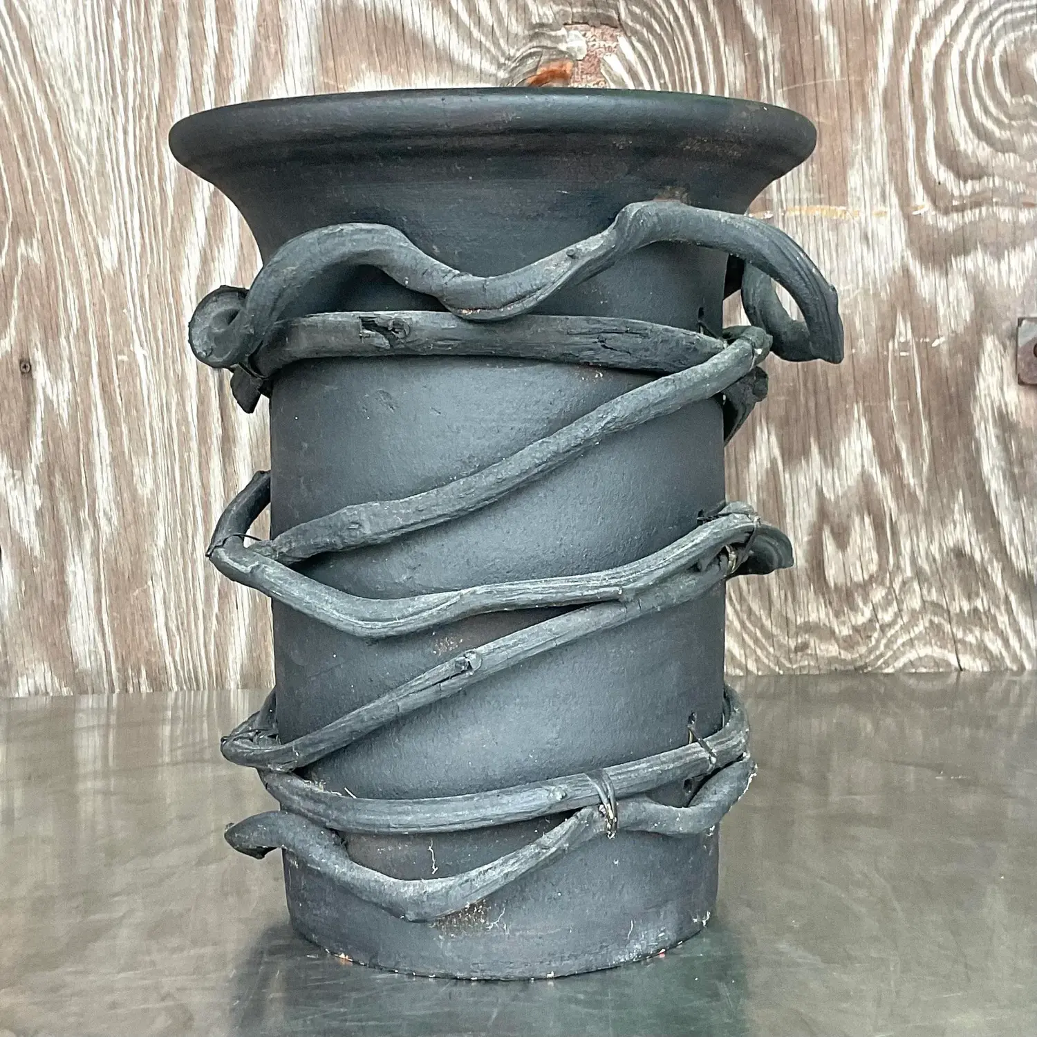 Vintage Boho Painted Studio Pottery Vase With Wrapped Vine - Back view