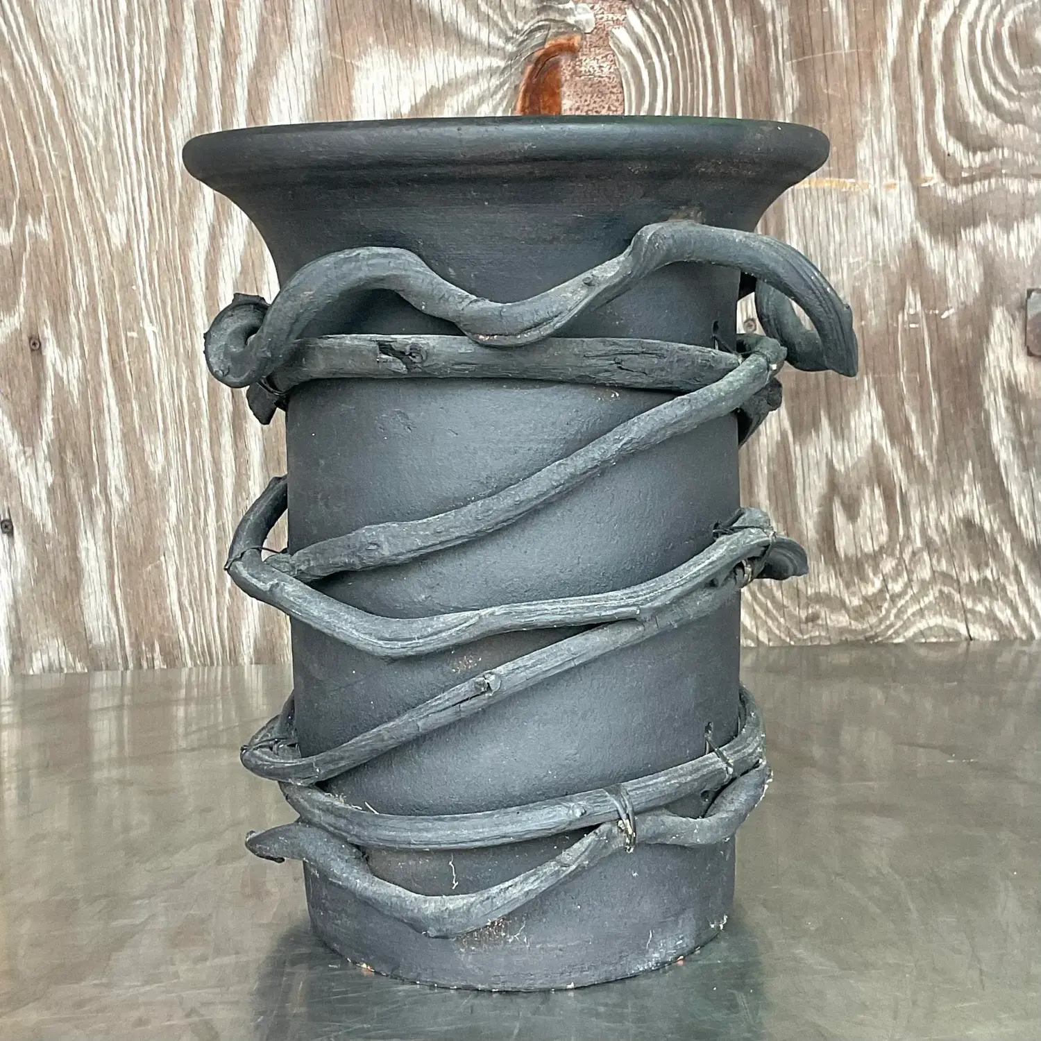 Vintage Boho Painted Studio Pottery Vase With Wrapped Vine - Top view