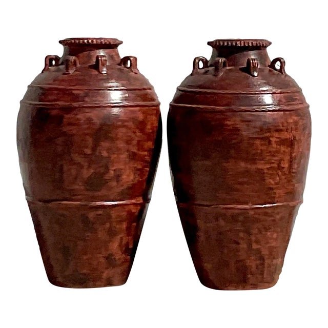 Vintage Boho Painted Terracotta Urn - a Pair