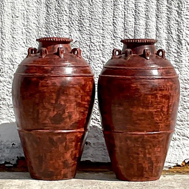 Vintage Boho Painted Terracotta Urn - a Pair - Side view