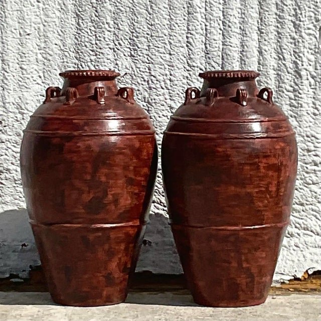 Vintage Boho Painted Terracotta Urn - a Pair - Detail view