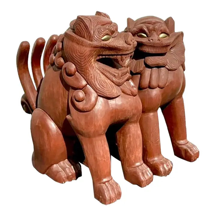 Vintage Boho Painted Wood Foo Lions - a Pair