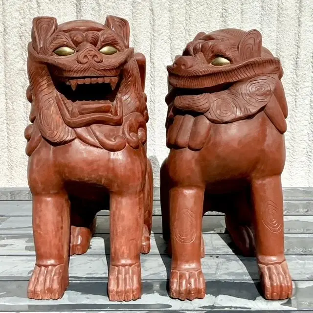 Vintage Boho Painted Wood Foo Lions - a Pair - Back view