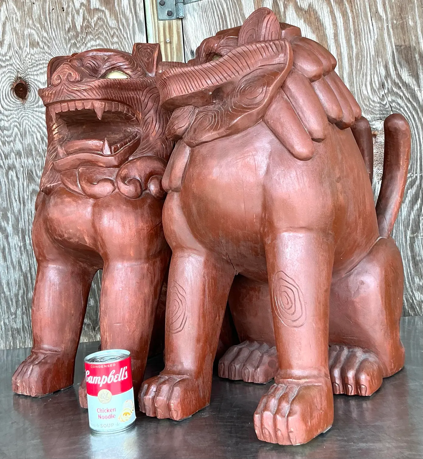 Vintage Boho Painted Wood Foo Lions - a Pair - Top view