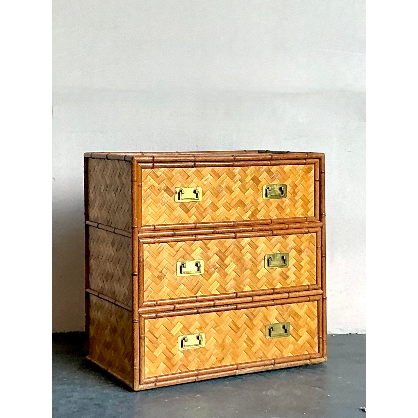 Vintage Boho Parquet Rattan Chest of Drawers - Top view
