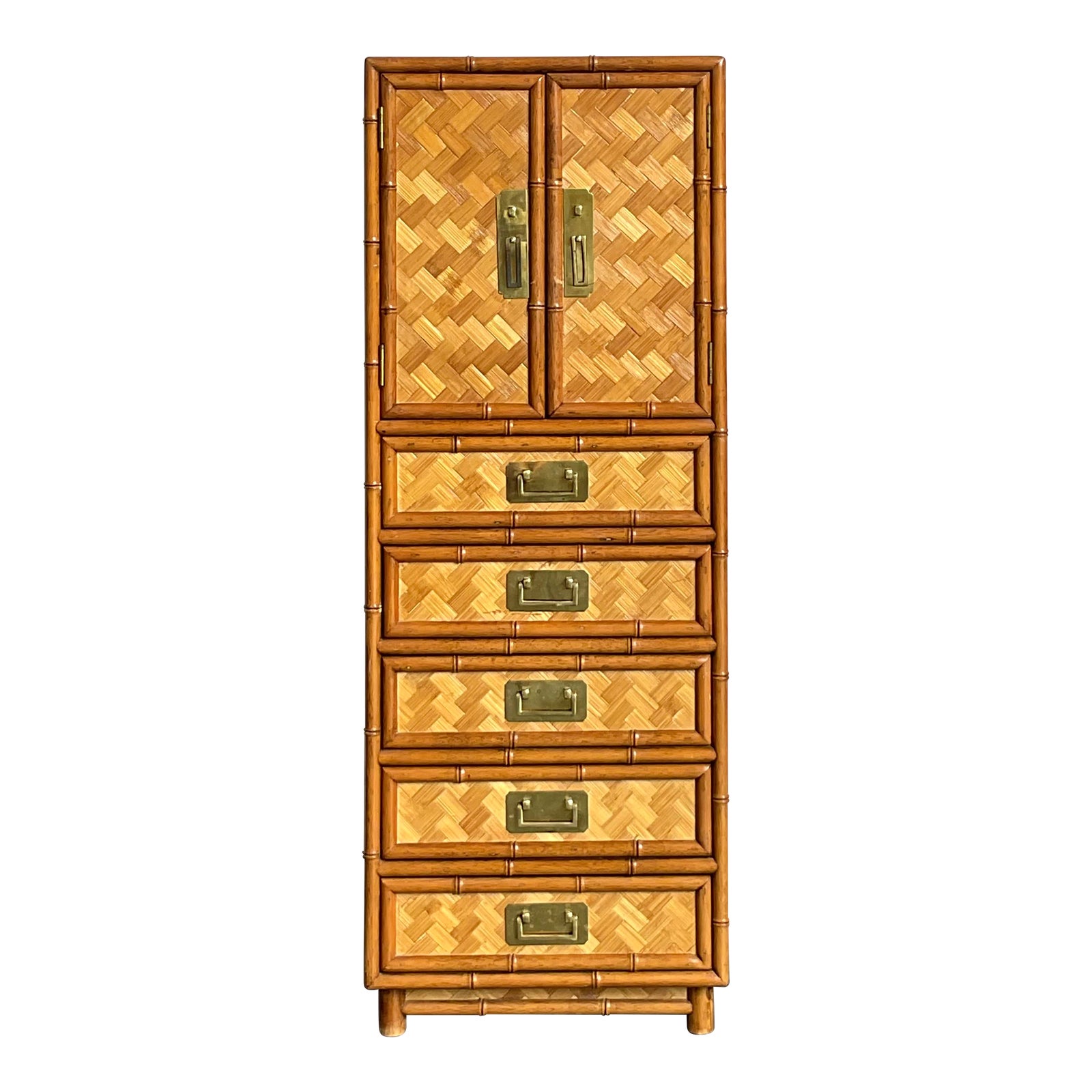 Vintage Boho Parquet Rattan Gentleman’s Chest - Detail view