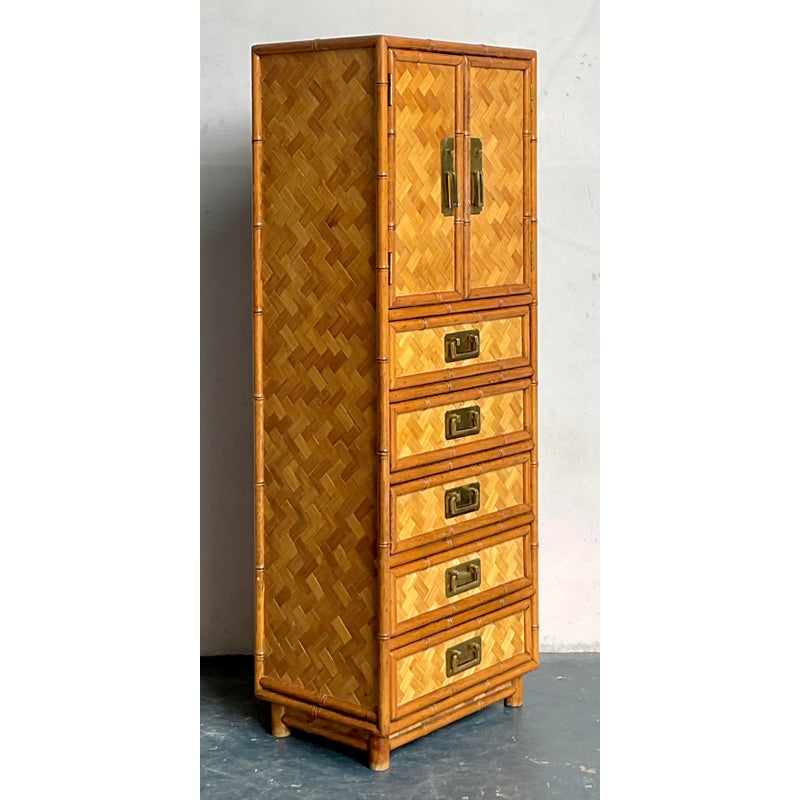 Vintage Boho Parquet Rattan Gentleman’s Chest - Back view