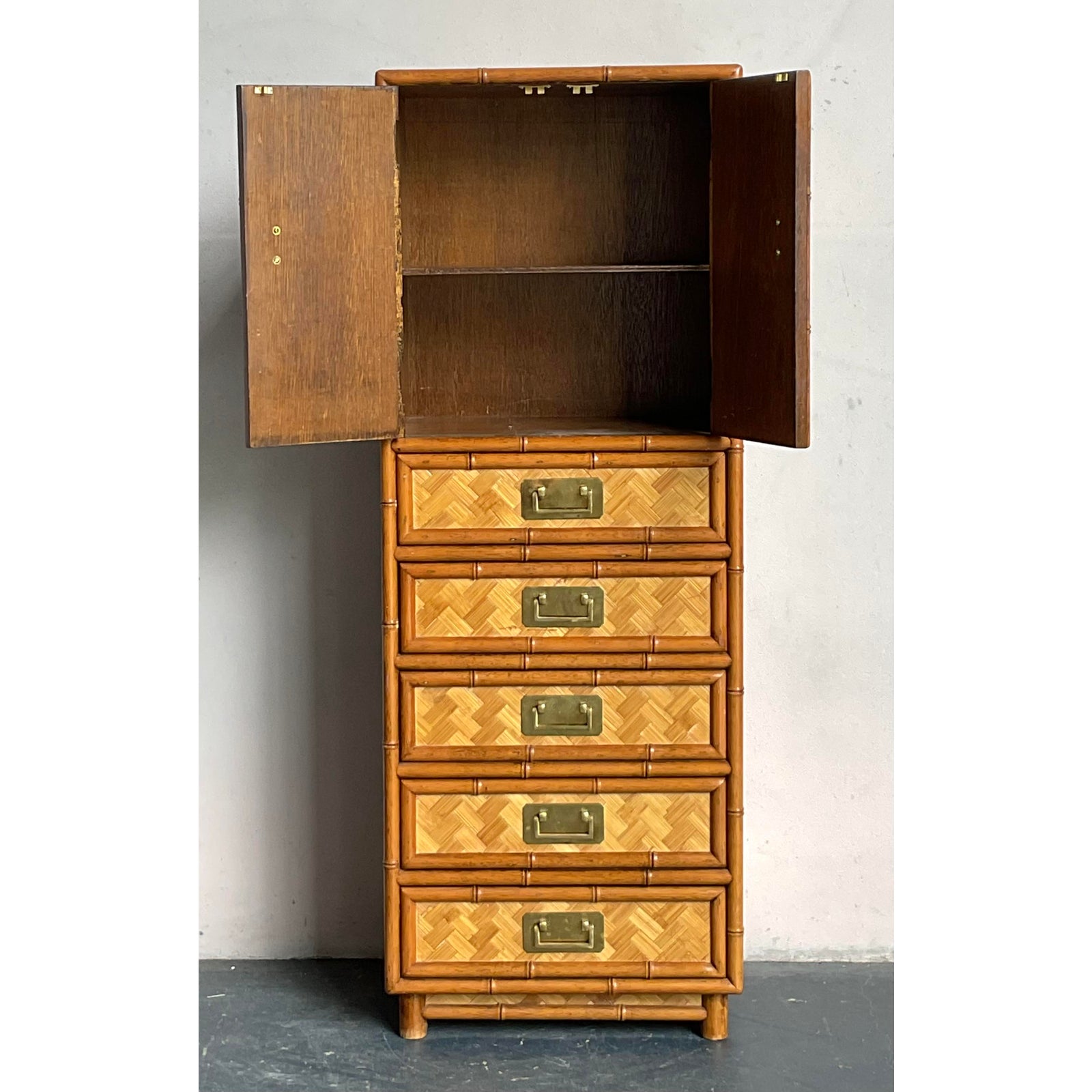 Vintage Boho Parquet Rattan Gentleman’s Chest - Top view