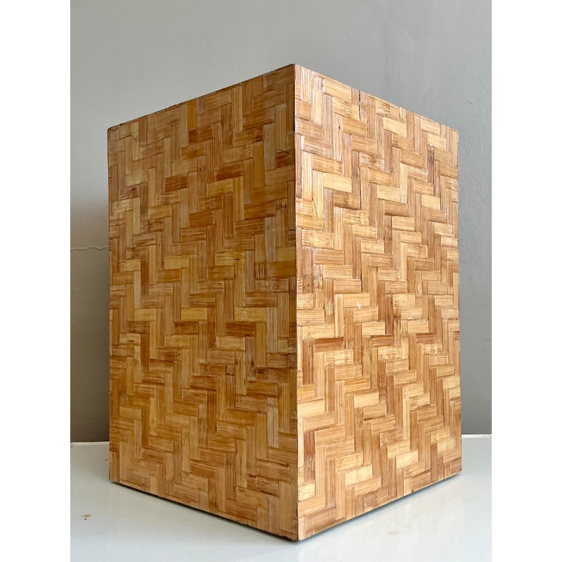 Vintage Boho Parquet Rattan Pedestal - Back view