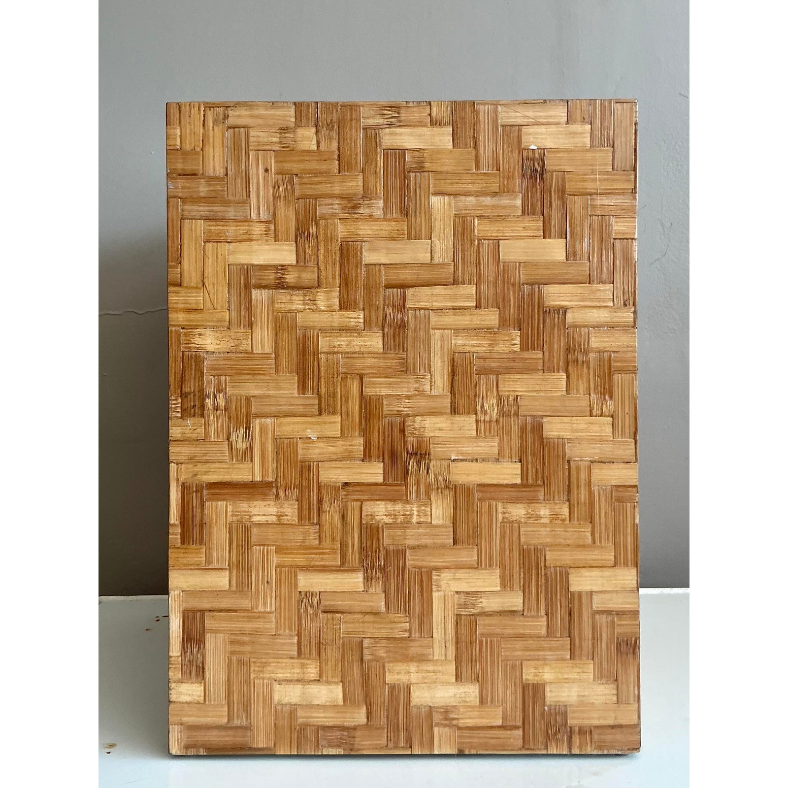 Vintage Boho Parquet Rattan Pedestal - Side view
