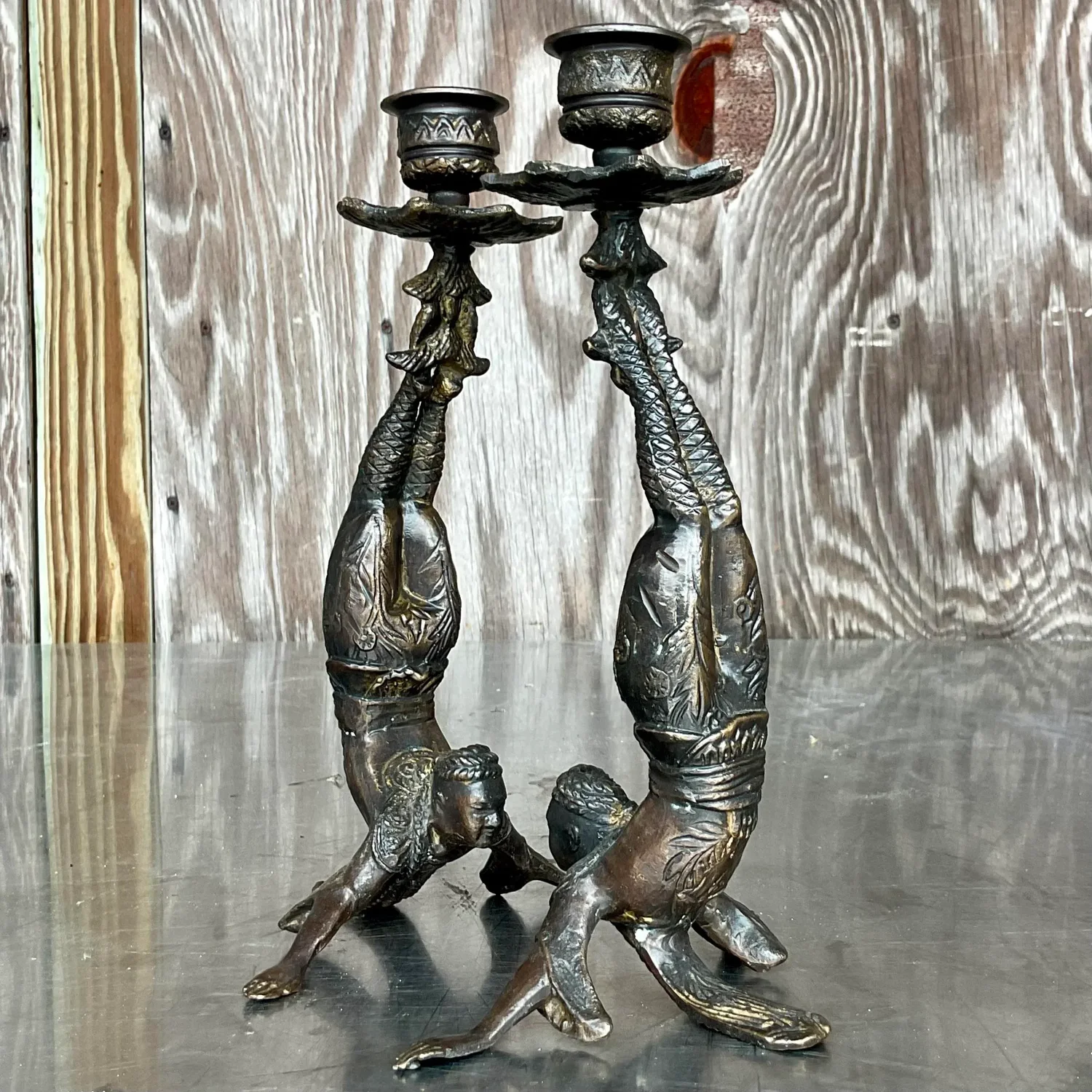 Vintage Boho Patinated Acrobat Candlesticks - a Pair - Top view