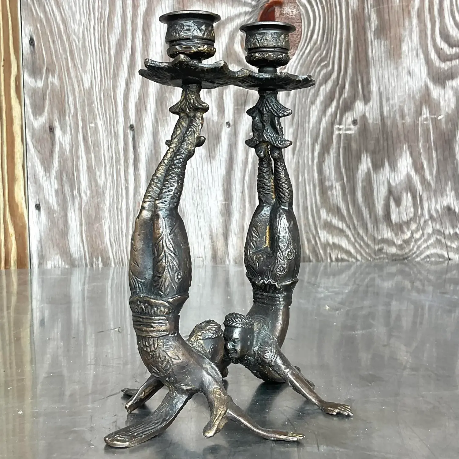 Vintage Boho Patinated Acrobat Candlesticks - a Pair - Side view