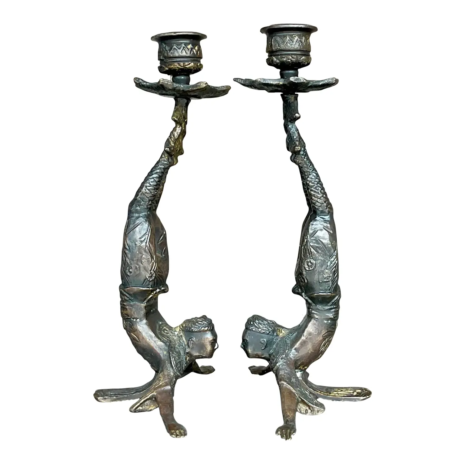Vintage Boho Patinated Acrobat Candlesticks - a Pair