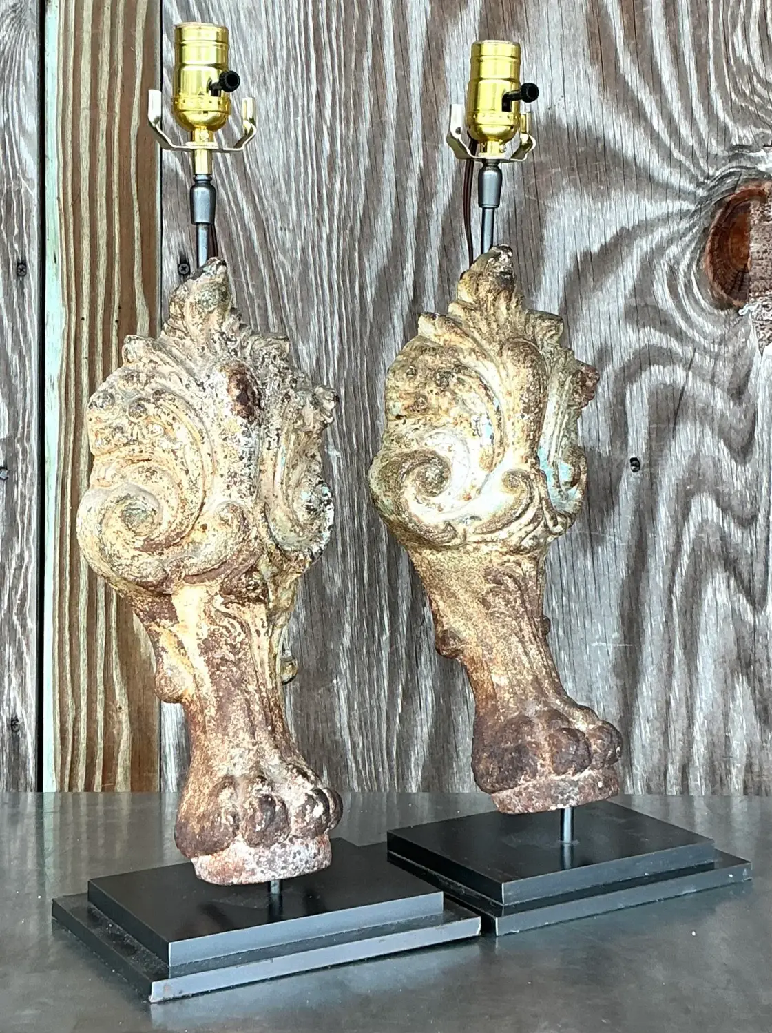 Vintage Boho Patinated Architectural Element Lamps - a Pair - Back view