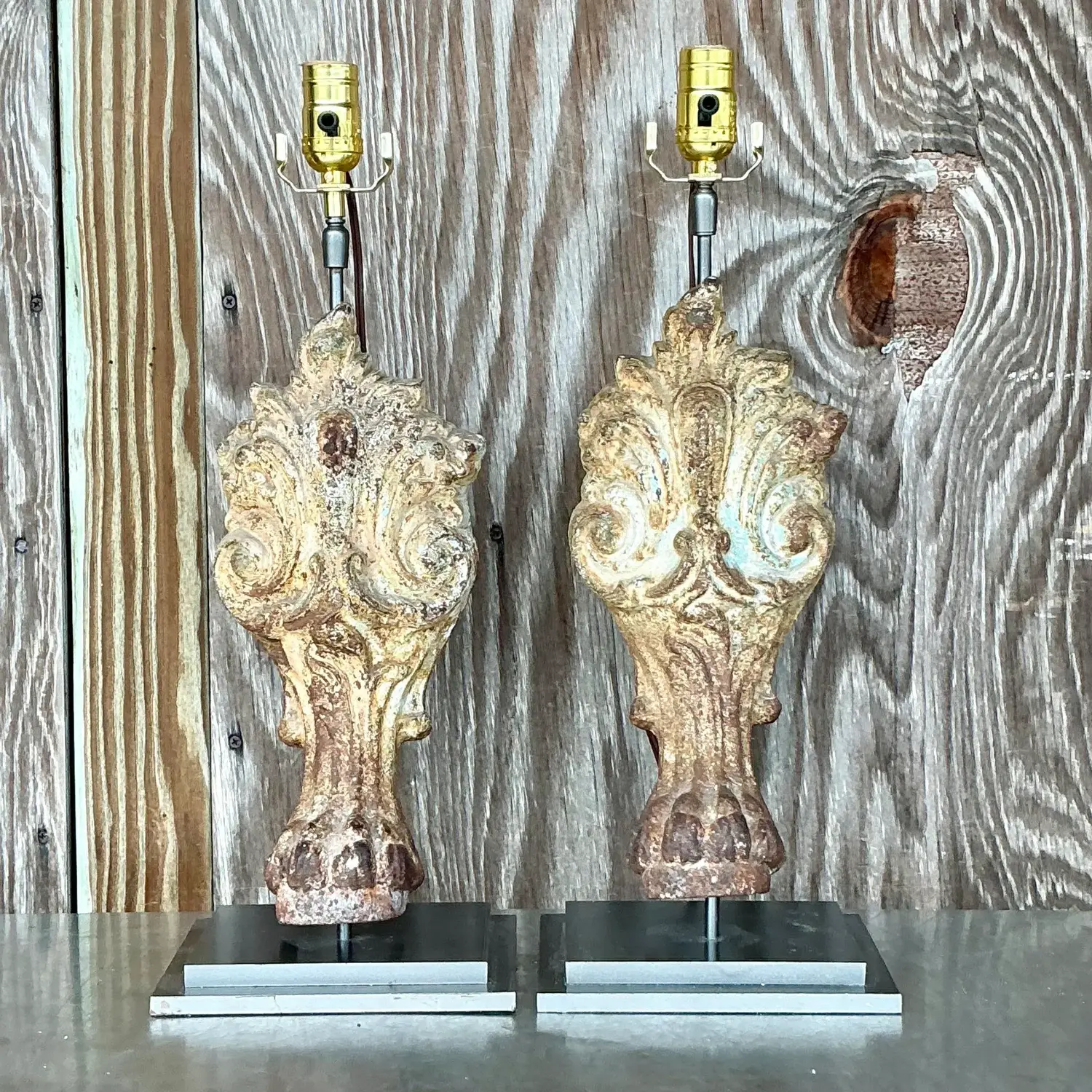 Vintage Boho Patinated Architectural Element Lamps - a Pair - Detail view
