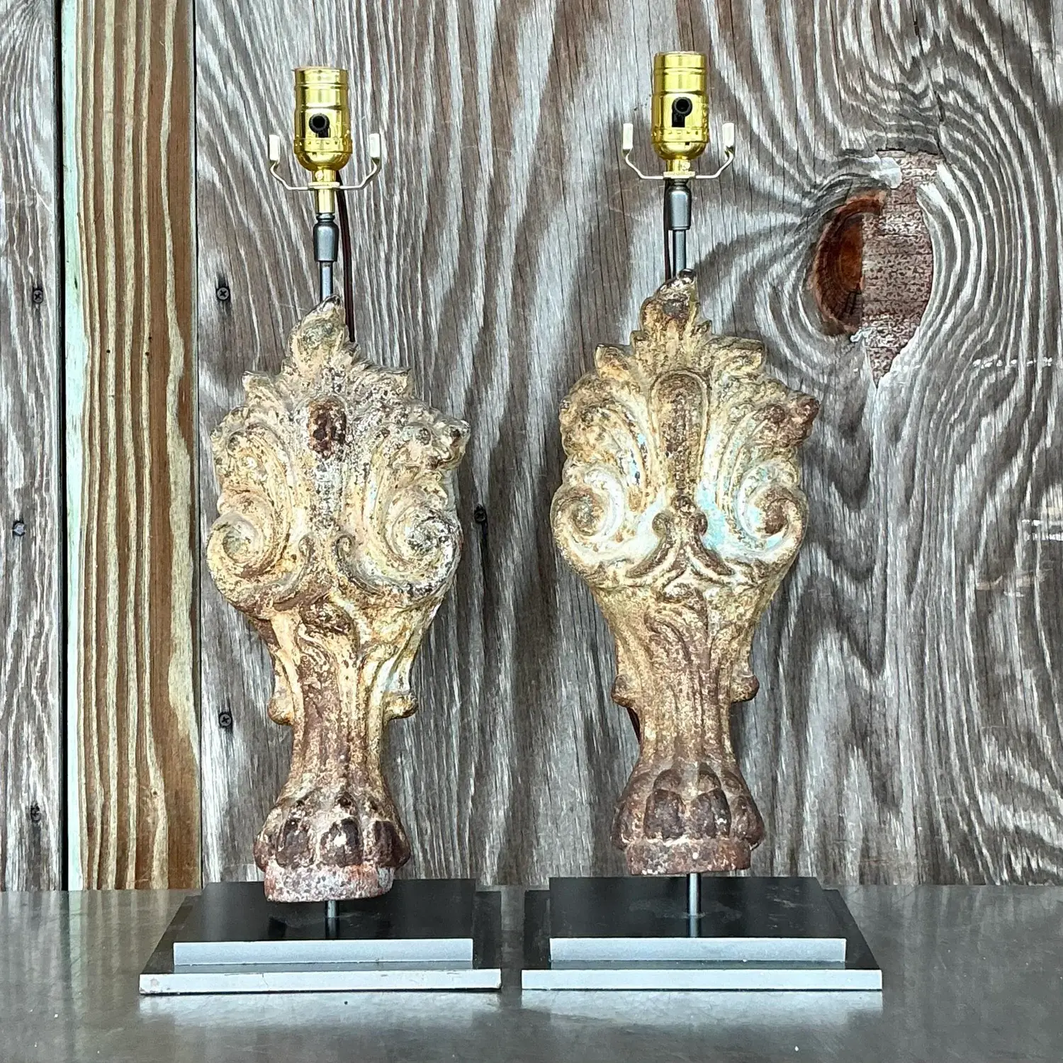 Vintage Boho Patinated Architectural Element Lamps - a Pair - Side view