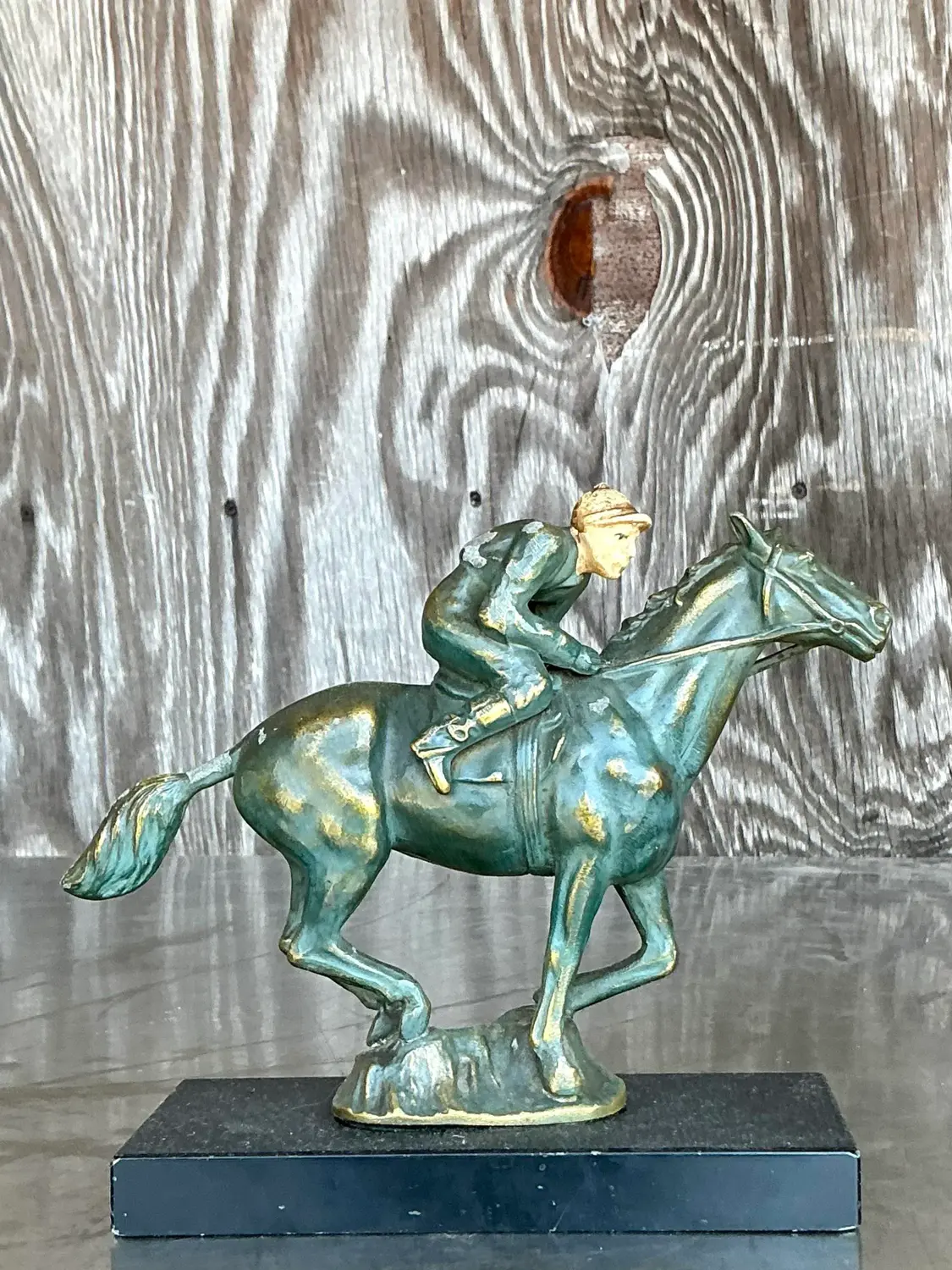 Vintage Boho Patinated Brass Horse and Rider - Back view
