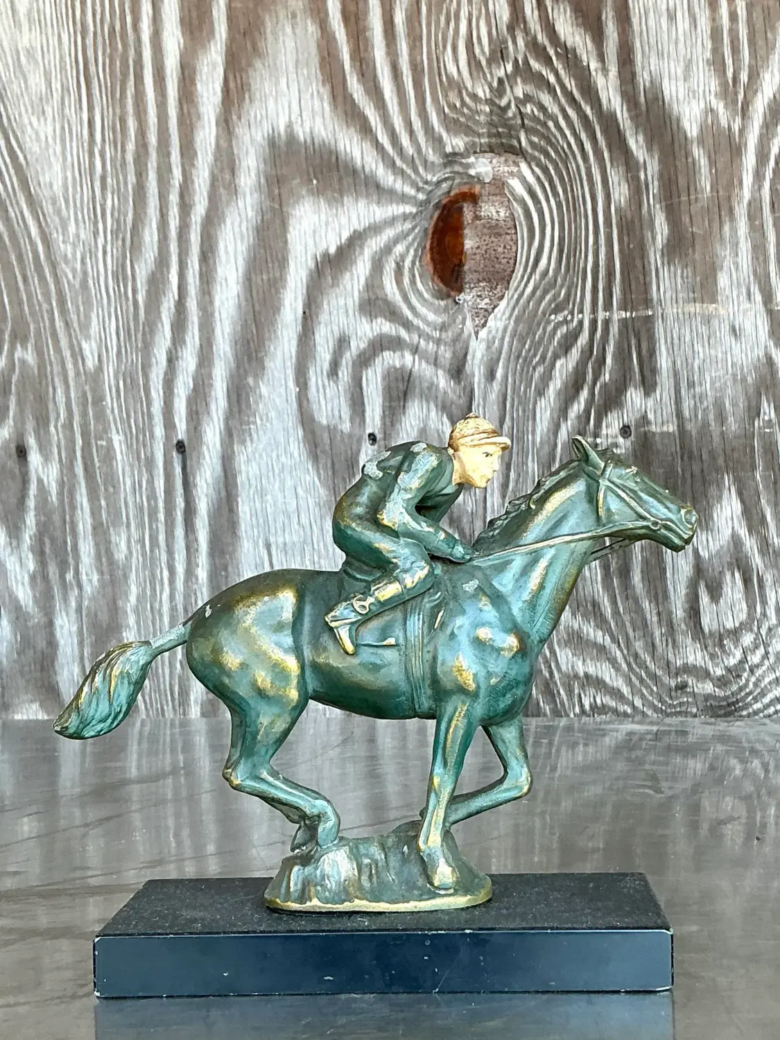 Vintage Boho Patinated Brass Horse and Rider - Side view