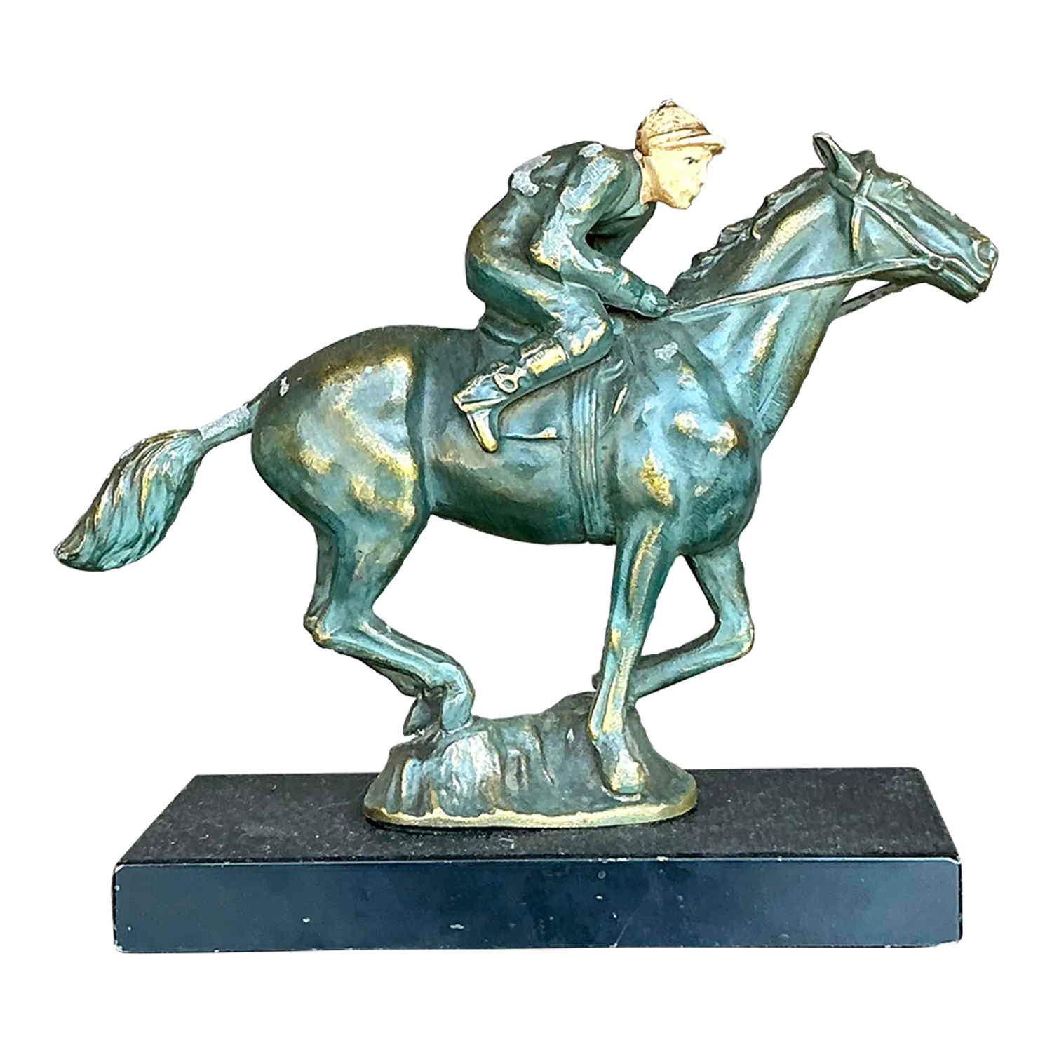 Vintage Boho Patinated Brass Horse and Rider - Detail view