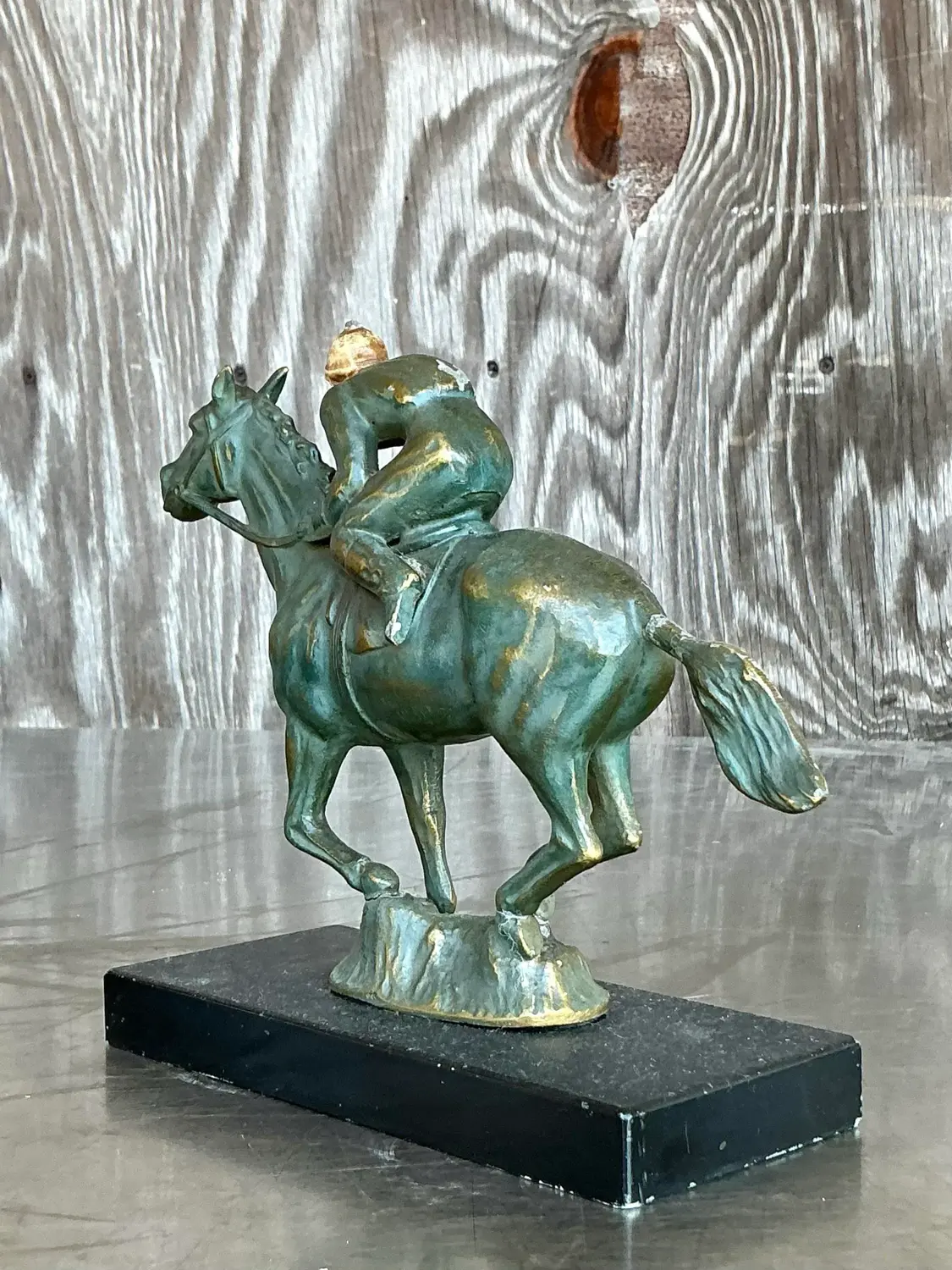 Vintage Boho Patinated Brass Horse and Rider - Top view