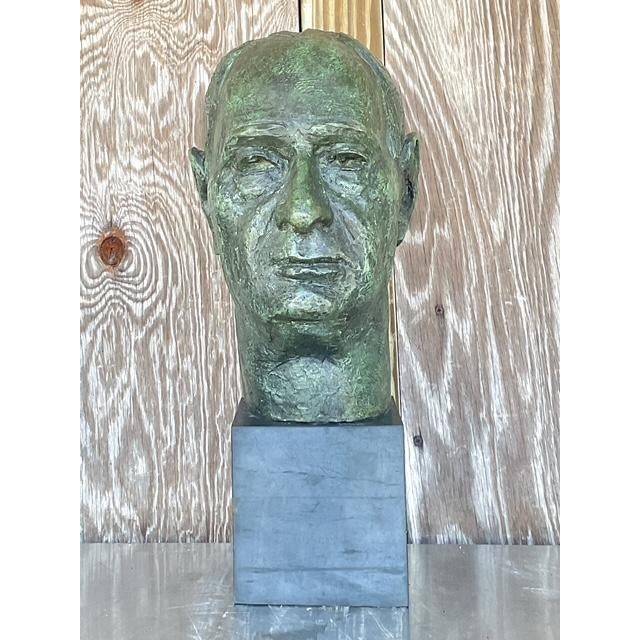 Vintage Boho Patinated Bronze Bust of Man - Top view
