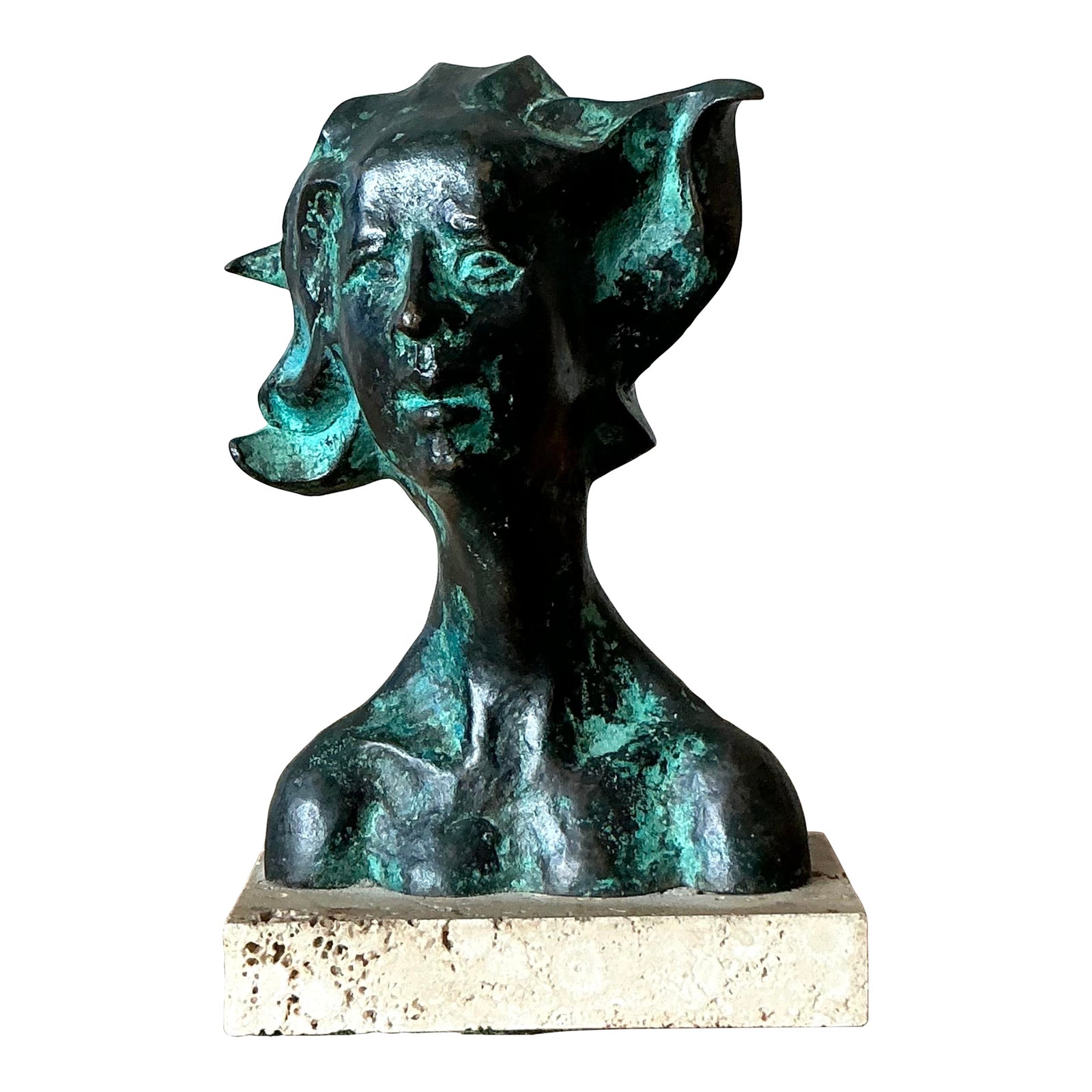 Vintage Boho Patinated Bronze Bust of Woman
