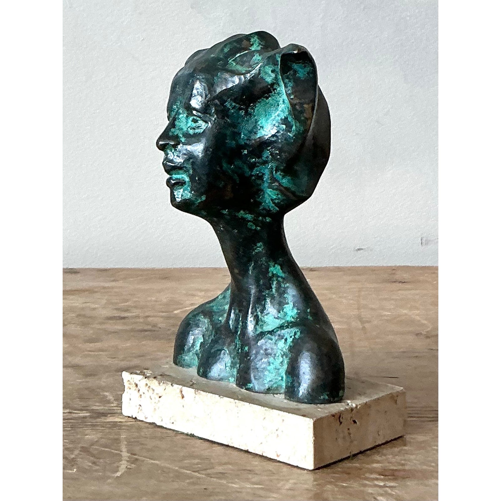 Vintage Boho Patinated Bronze Bust of Woman - Top view